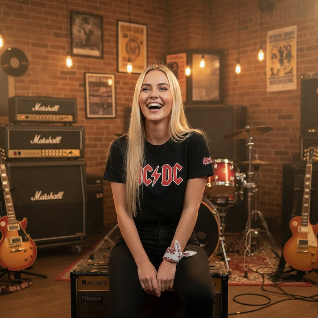 AC/DC inspired whithe bandana red print lifestyle photo band rehearsal studio wrist wrap style - unisex rock accessory musician lifestyle Guapo Originals €19.99 Spain