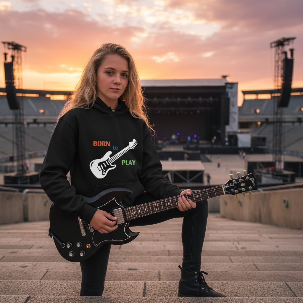 Born to Play Electric Guitar Youth Hoodie black festival amphitheater sunset blonde young girl guitarist stage vibrant design Guapo Originals Youth 34.99 Spain
