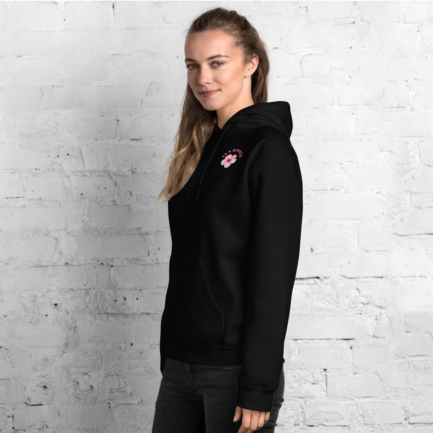Guapo Originals Flower Power Premium Hoodie Black - Side View Botanical Print Designer Unisex Streetwear