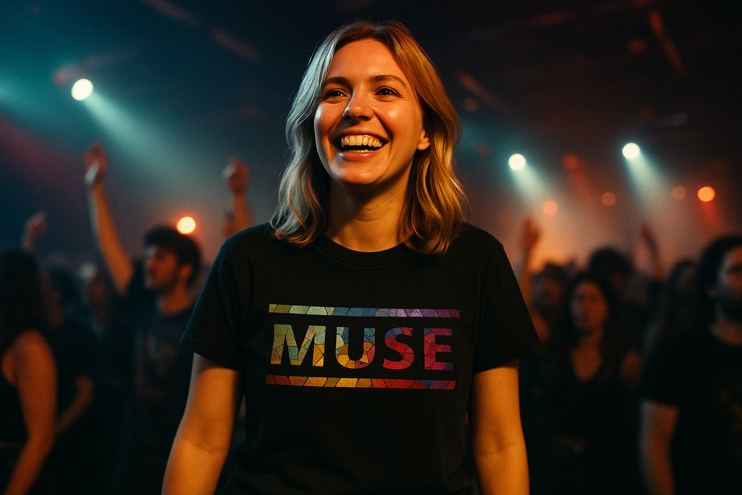 Muse The Resistance T-Shirt Concert Lifestyle - Happy Blonde Woman at Rock Concert with Moody Lighting