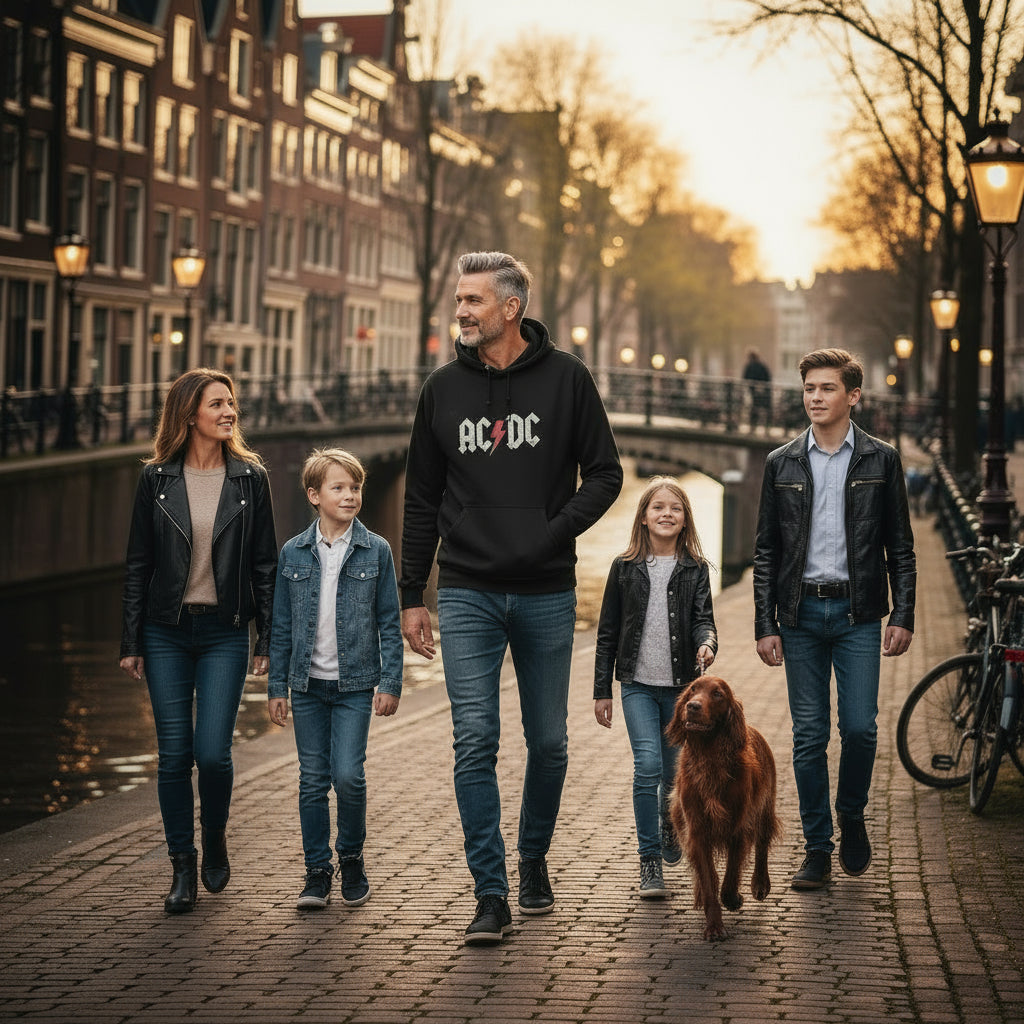 AC/DC Hoodie Black lifestyle photo Amsterdam canals evening - handsome man with family and dog - vintage print designer hoodie rock fashion Guapo Originals €39.99 Spain