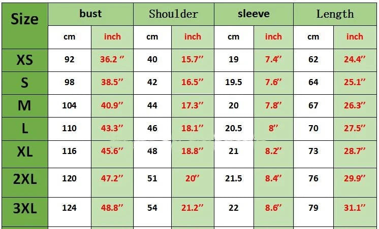 Size chart for clothing measurements including bust, shoulder, sleeve, and length in centimeters and inches.