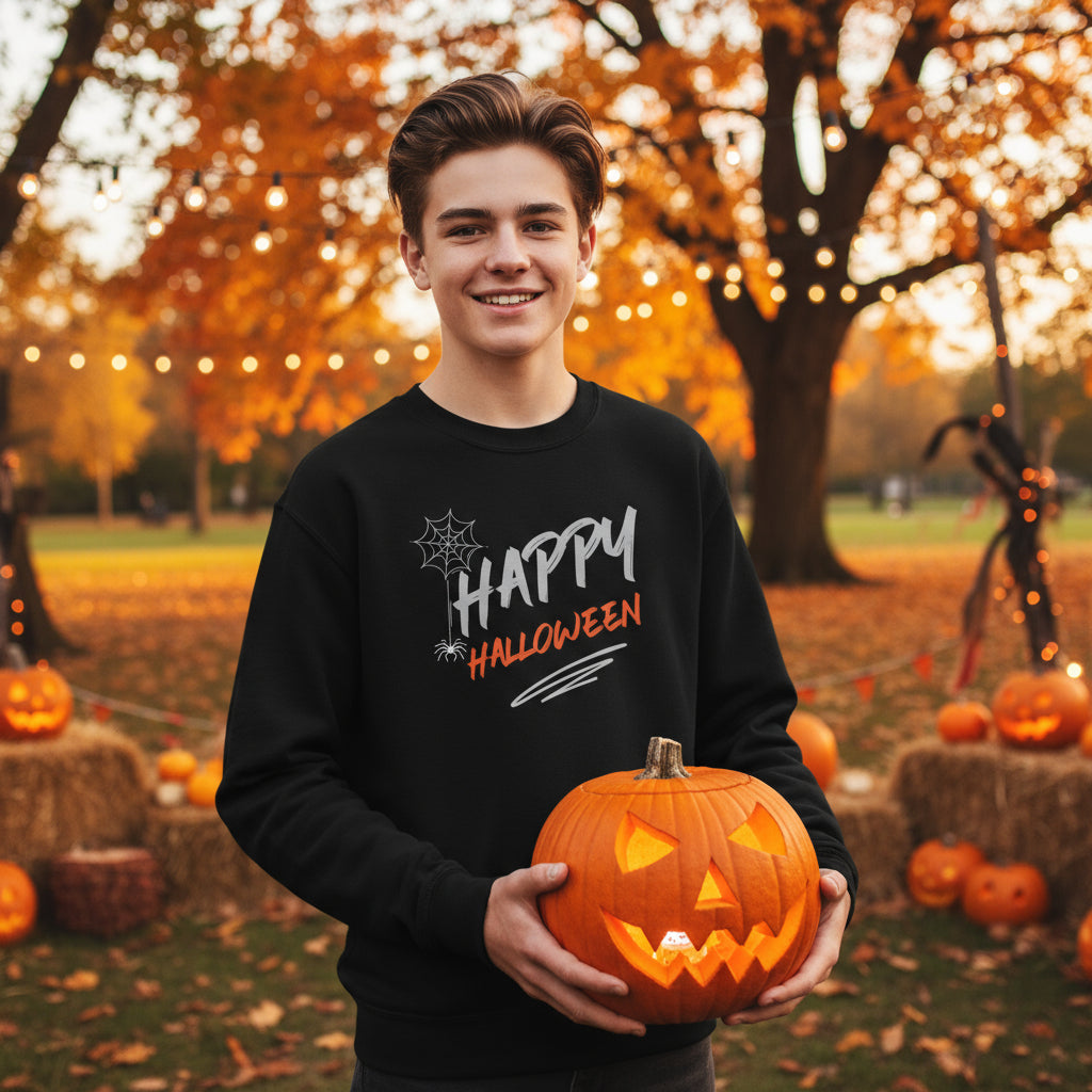 Youth Premium Crewneck Sweatshirt Halloween design lifestyle photo outdoor Halloween party pumpkins - teenage boy autumn celebration carved jack-o-lanterns decorations - exclusive designer print cotton blend youth fashion Halloween parties school events Guapo Originals Designer Collection €34.99 Spain