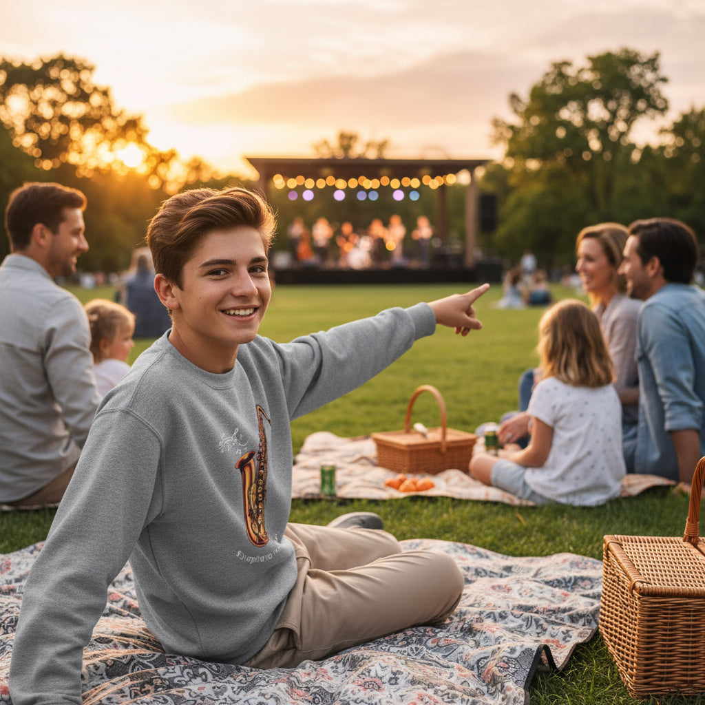 Youth Saxophone Music Crewneck Sweatshirt light grey lifestyle photo outdoor summer jazz concert family brown hair teenager parents - premium cotton-polyester designer sweatshirt family bonding park concert saxophone Guapo Originals Youth Music Collection 34.99 EUR Spain