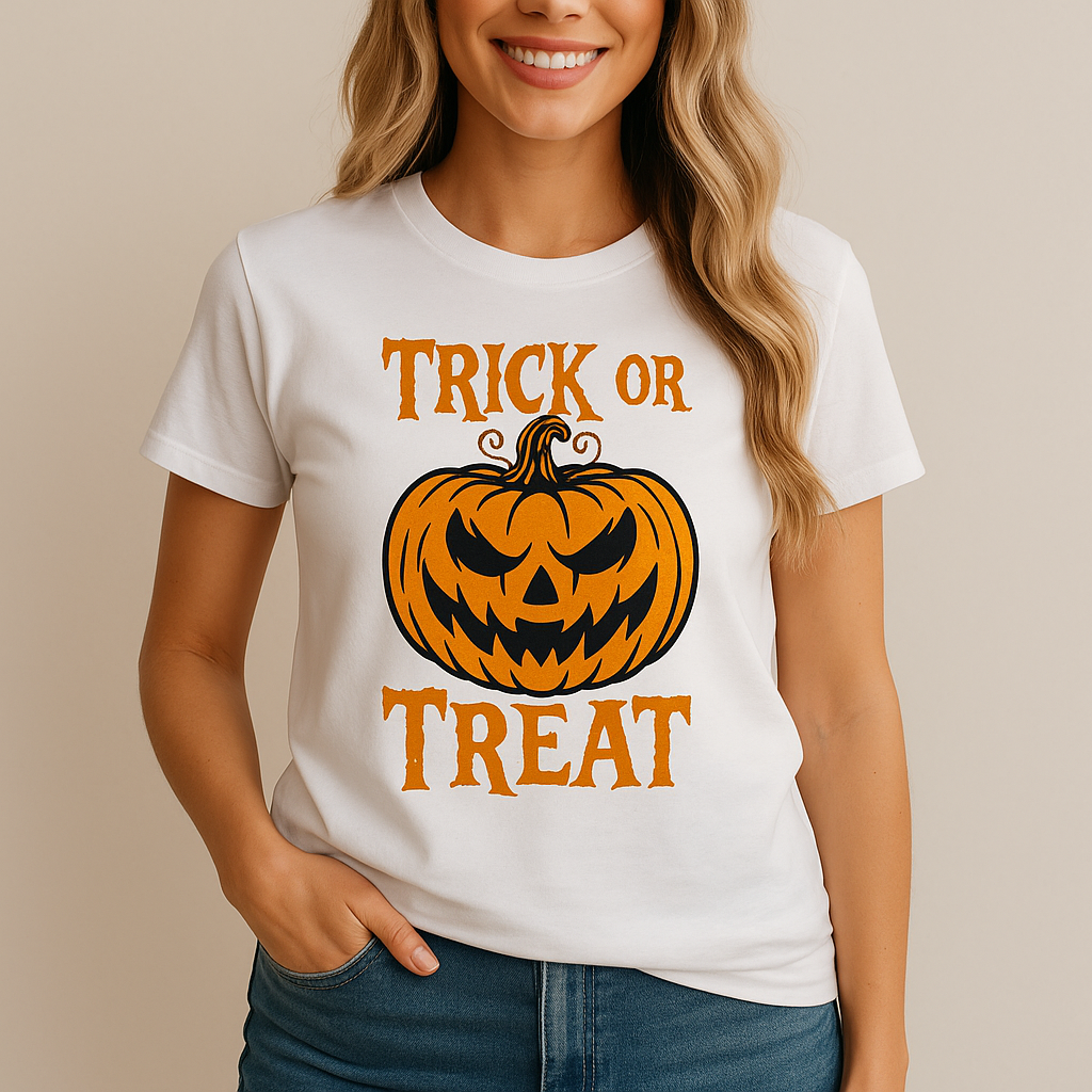 Halloween White T-Shirt Female Model Mockup