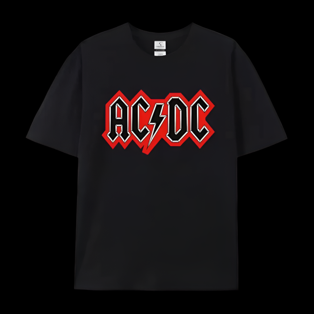 AC/DC rock band t-shirt black cotton with red logo vintage band merchandise"