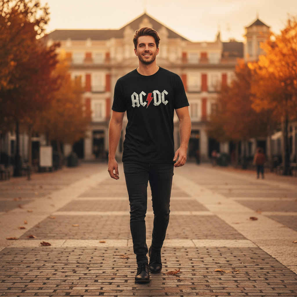 AC/DC Inspired Rock Band T-Shirt Classic Print black lifestyle photo Madrid Puerta del Sol autumn - handsome man European urban style - classic rock band design premium cotton unisex t-shirt men's fashion streetwear rock and roll clothing masculine style Guapo Originals Designer Collection €19.99 Spain
