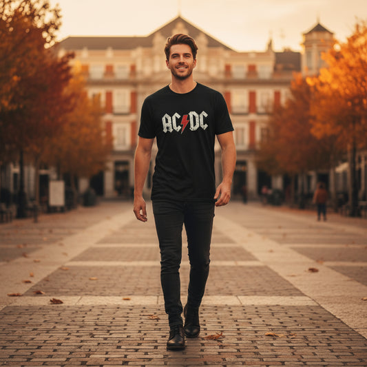 AC/DC Inspired Rock Band T-Shirt Classic Print black lifestyle photo Madrid Puerta del Sol autumn - handsome man European urban style - classic rock band design premium cotton unisex t-shirt men's fashion streetwear rock and roll clothing masculine style Guapo Originals Designer Collection €19.99 Spain
