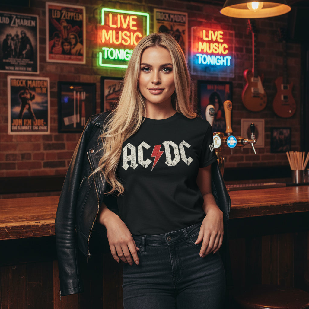 AC/DC Inspired Rock Band T-Shirt Classic Print black lifestyle photo rock bar music venue - blonde woman authentic rock culture neon signs vintage posters - classic rock band design premium cotton unisex t-shirt music nightlife streetwear rock and roll clothing Guapo Originals Designer Collection €19.99 Spain
