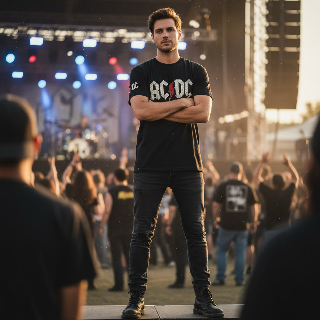AC/DC Inspired Rock Band T-Shirt Classic Print black lifestyle photo outdoor rock concert festival - handsome man concert atmosphere stage lights crowd - classic rock band design premium cotton unisex t-shirt music festival streetwear rock and roll clothing Guapo Originals Designer Collection €19.99 Spain
