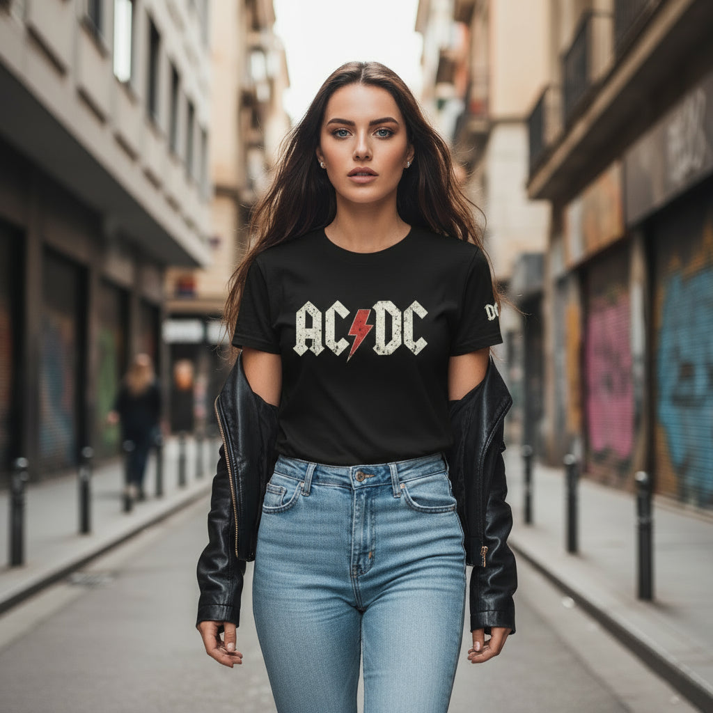 AC/DC Inspired Rock Band T-Shirt Classic Print black lifestyle photo urban street style - young woman European city street modern architecture - classic rock band design premium cotton unisex t-shirt streetwear fashion rock and roll clothing Guapo Originals Designer Collection €19.99 Spain
