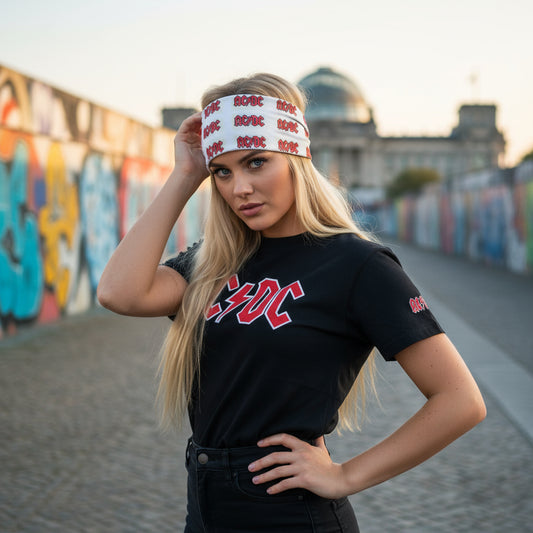 AC/DC inspired bandana red print lifestyle photo Berlin East Side Gallery street art headband style - unisex rock accessory music culture Guapo Originals €19.99 Spain
