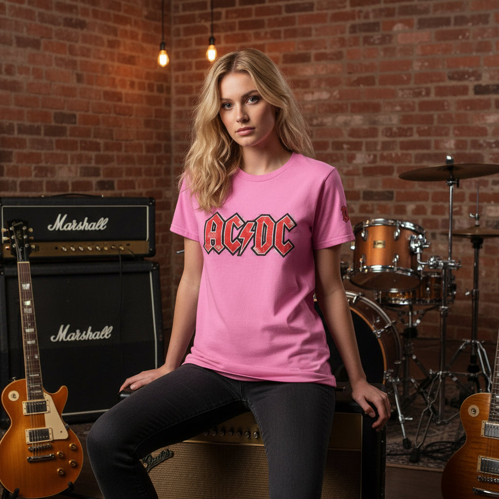 AC/DC inspired rock t-shirt red print pink cotton lifestyle photo band rehearsal backstage - unisex designer tee musician lifestyle Guapo Originals €19.99 Spain
