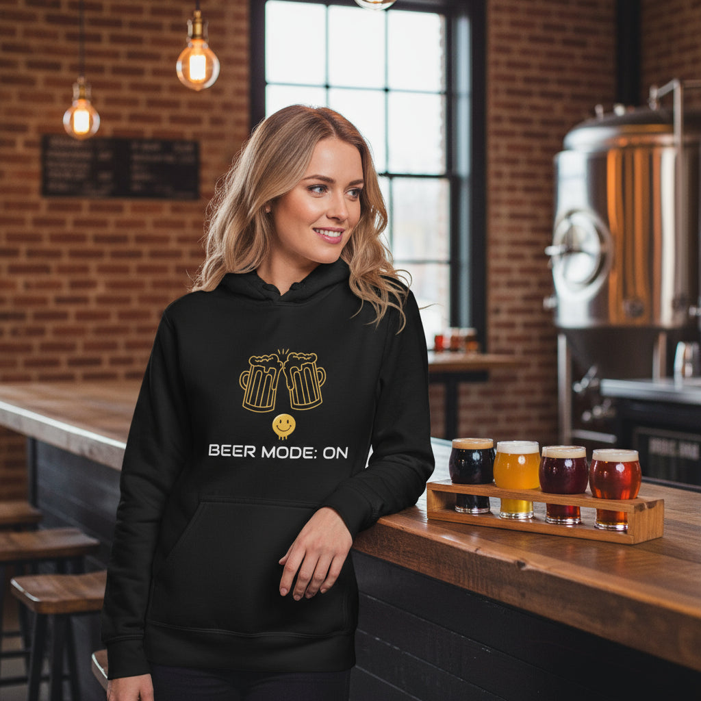 Beer Mode On premium black hoodie lifestyle photo Portland craft brewery USA Oregon - blonde woman late 20s industrial-chic modern brewery tasting bar beer flight IPA stout pale ale - bold white text graphic craft beer enthusiast women's beer culture fashion brewery tour apparel unisex hoodie Guapo Originals Premium Designer Collection €39.99 Spain