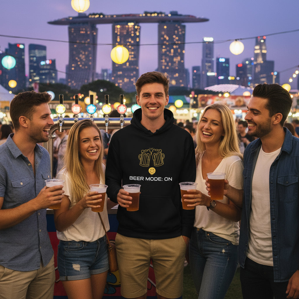 Beer Mode On premium black hoodie lifestyle photo Singapore craft beer festival Asia Marina Bay - European man mid-20s stylish black hair outdoor festival city skyline dusk tropical evening - bold white text graphic craft beer enthusiast Asian beer culture Singapore nightlife festival clothing unisex hoodie Guapo Originals Premium Designer Collection €39.99 Spain