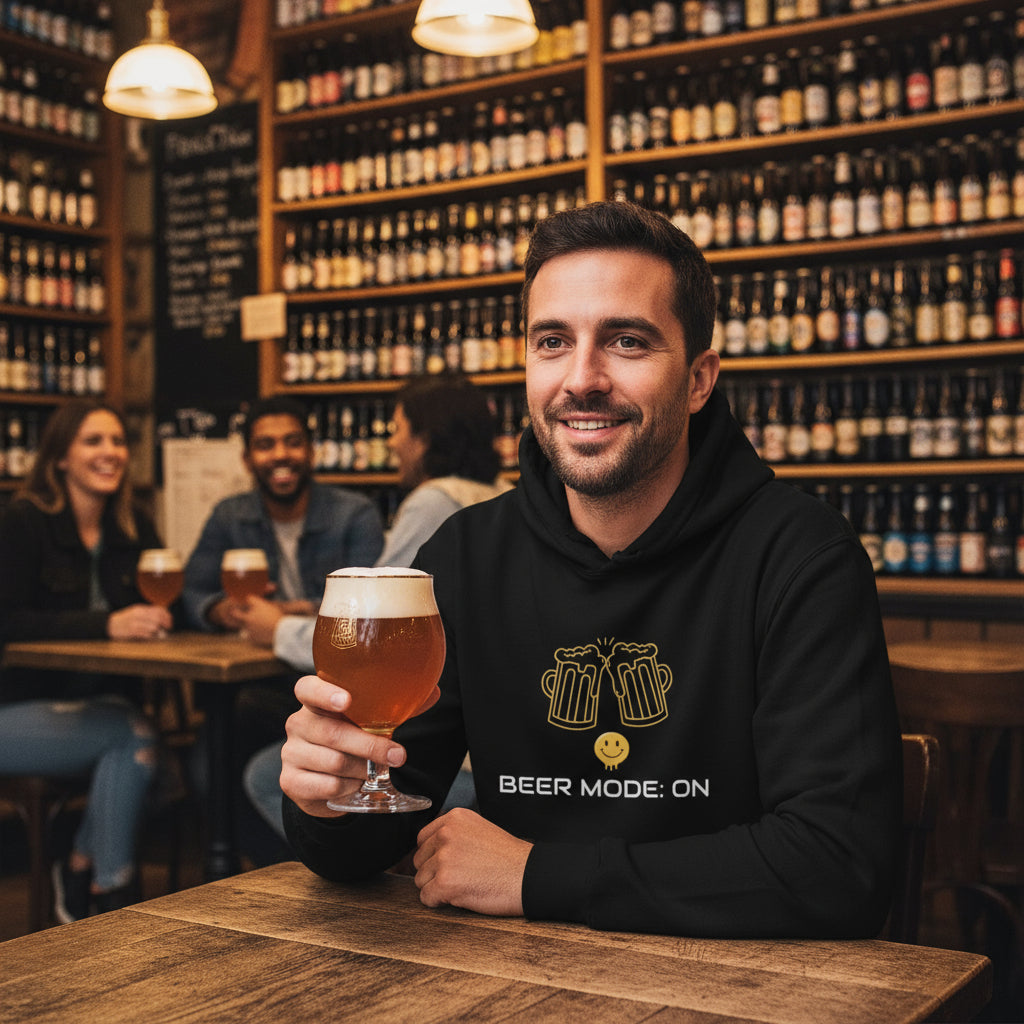 Beer Mode On premium black hoodie lifestyle photo Tokyo craft beer izakaya bar Japan - Japanese woman late 20s long black hair traditional wooden interior paper lanterns Japanese craft beer - bold white text graphic beer enthusiast Asian beer culture Tokyo nightlife Japanese fashion unisex hoodie Guapo Originals Premium Designer Collection €39.99 Spain