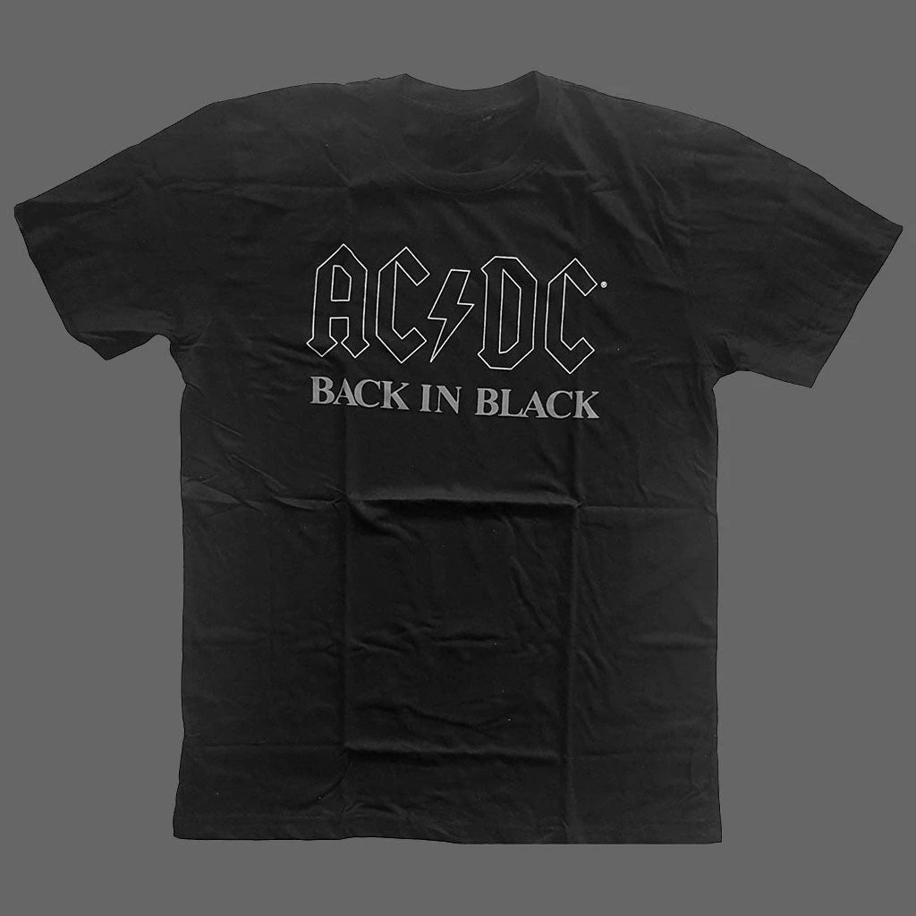 Black t-shirt with AC/DC logo and 'Back in Black' text on a gray background
