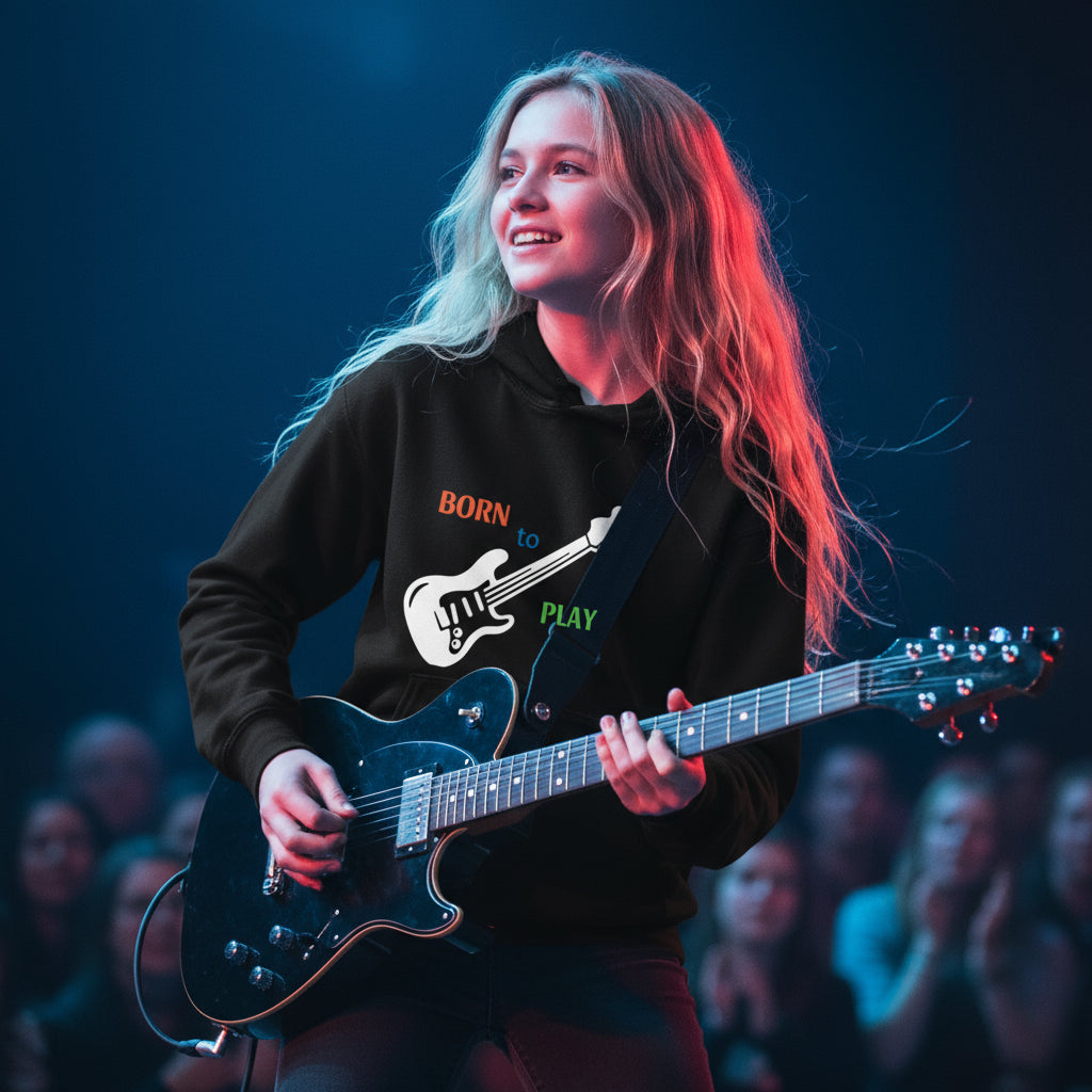 Born to Play Electric Guitar Youth Hoodie black talent show performance blonde girl stage guitar vibrant design youth musician Guapo Originals Youth 34.99 Spain
