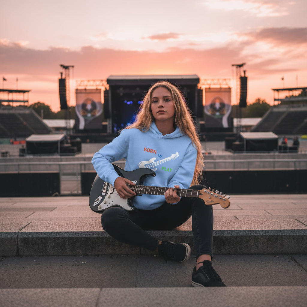 Born to Play Electric Guitar Youth Hoodie Carolina Blue festival amphitheater sunset blonde girl guitarist stage vibrant design Guapo Originals Youth 34.99 Spain
