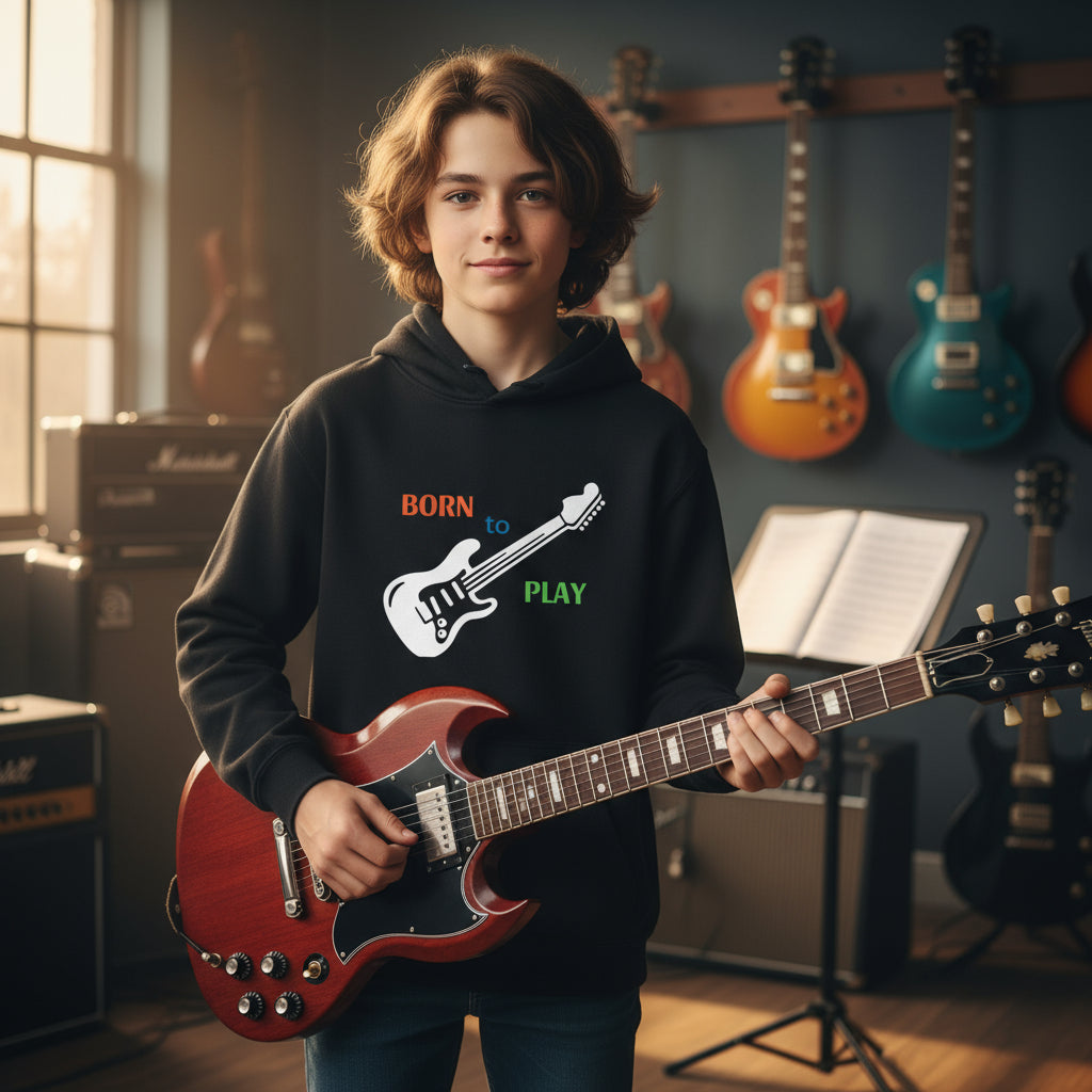 Born to Play Electric Guitar Youth Hoodie black music school practice boy red Gibson SG vibrant design premium youth musician Guapo Originals Youth 34.99 Spain
