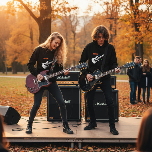 Born to Play Electric Guitar Youth Hoodie black European park concert blonde girl brown hair boy Marshall amps ACDC style vibrant design Guapo Originals Youth 34.99 Spain

