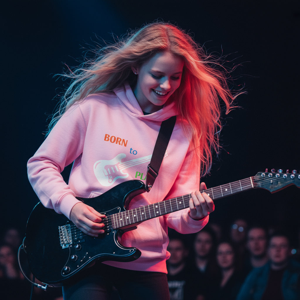 Born to Play Electric Guitar Youth Hoodie light pink talent show performance blonde girl stage guitar vibrant design youth musician Guapo Originals Youth 34.99 Spain
