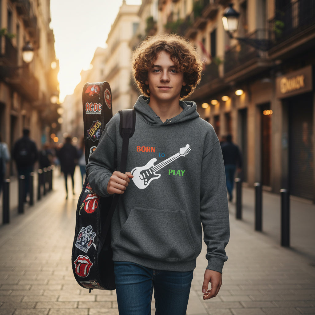 Born to Play Electric Guitar Youth Hoodie dark grey urban street Barcelona boy guitar case ACDC stickers vibrant design youth musician Guapo Originals Youth 34.99
