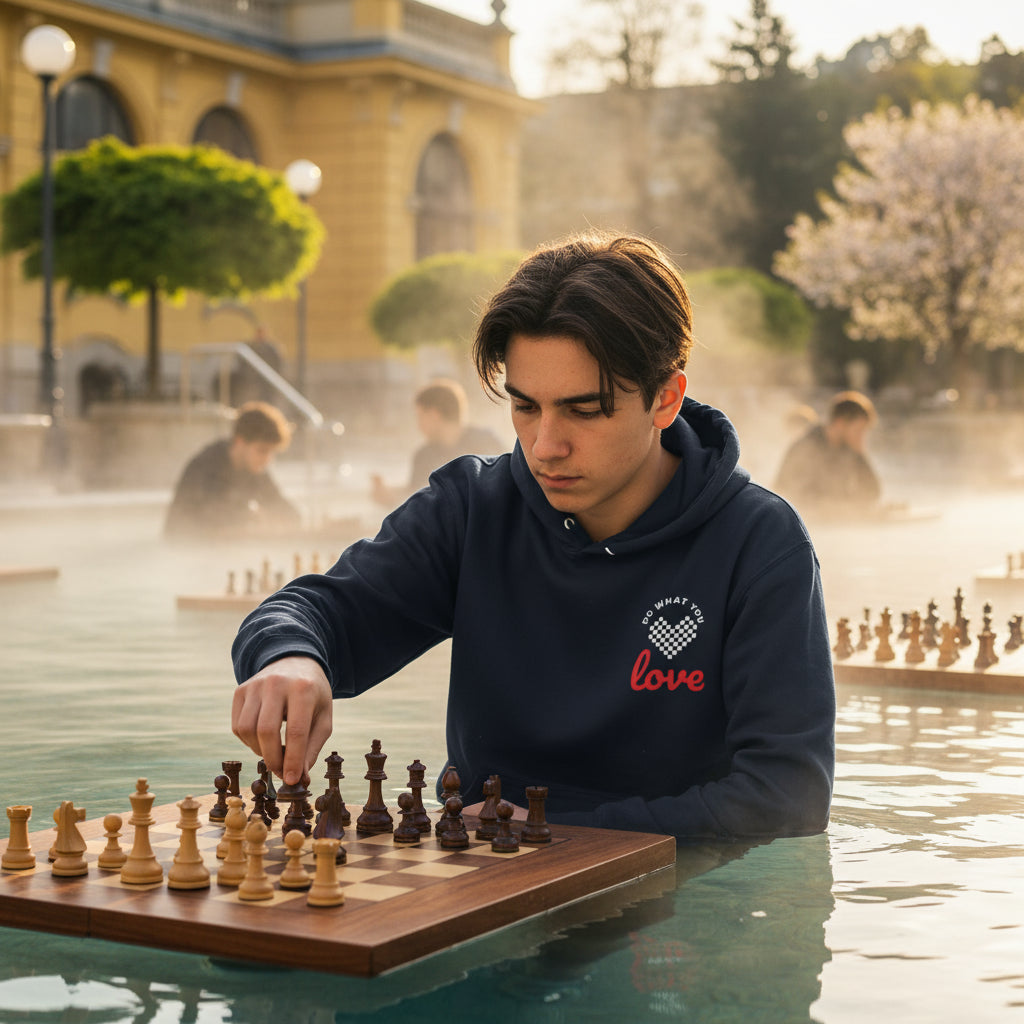 Do What You Love Chess premium navy hoodie lifestyle photo Budapest Széchenyi thermal baths spring Hungary - chess board design graphic teenage chess prodigy 15 years dark hair outdoor chess floating tables Neo-Baroque architecture steam - bold white text youth chess culture Hungarian chess heritage Budapest chess tradition FIDE youth tournament multi-generational unisex hoodie Guapo Originals Premium Designer Collection €39.99 Spain