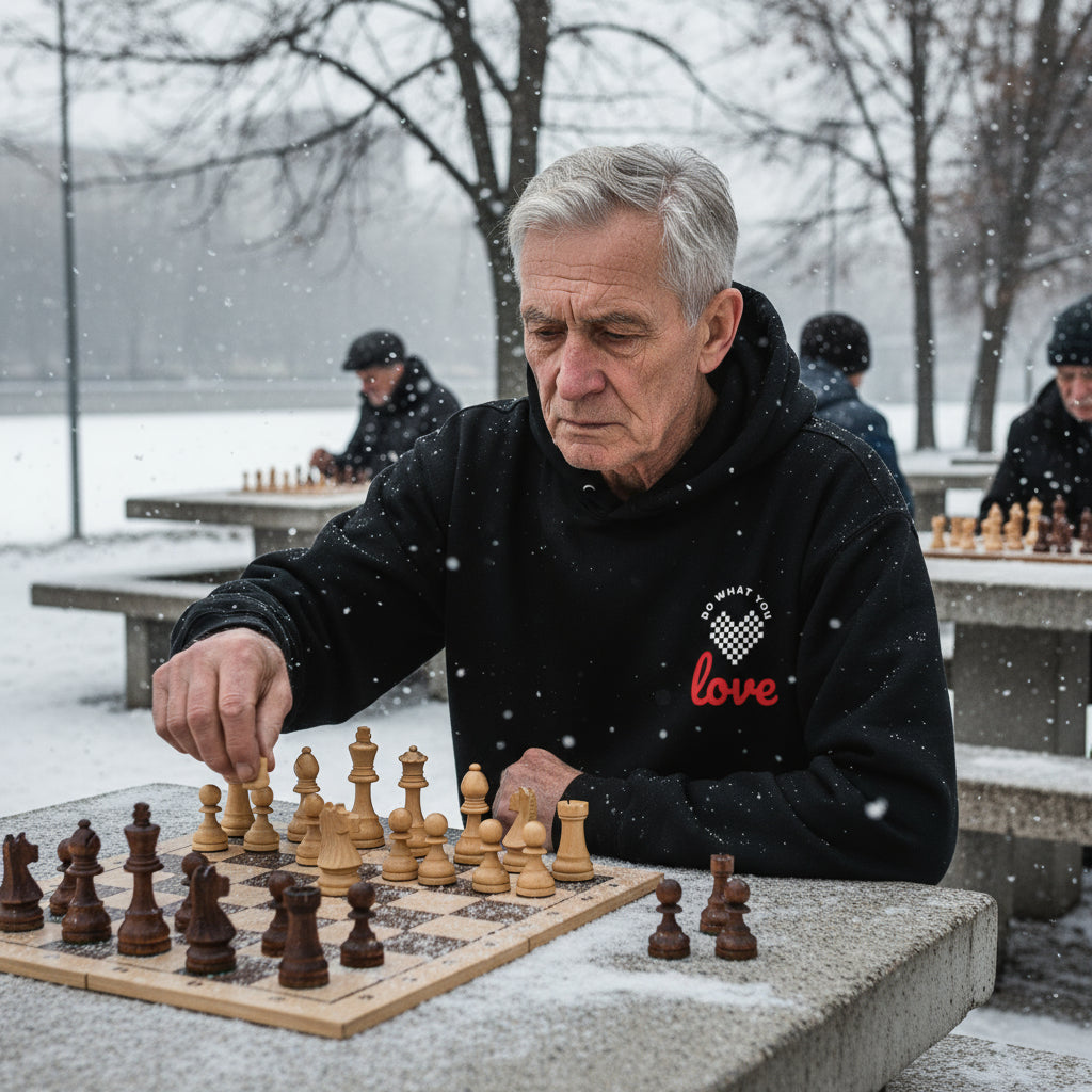 Do What You Love Chess premium black hoodie lifestyle photo Moscow Gorky Park winter Russia snow - chess board design graphic elderly Russian man late 60s silver hair outdoor chess concrete table wooden pieces frozen Moskva River - bold white text chess philosophy grandmaster Russian chess culture winter outdoor chess FIDE tournament multi-generational unisex hoodie Guapo Originals Premium Designer Collection €39.99 Spain
