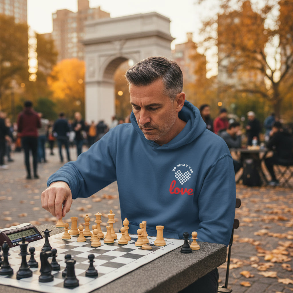 Do What You Love Chess premium old blue hoodie lifestyle photo New York Washington Square Park autumn USA NYC - chess board design man mid-40s speed chess stone tables chess clock Washington Arch autumn leaves - bold white text chess hustler urban chess culture New York chess tradition park chess blitz tournament unisex hoodie Guapo Originals Premium Designer Collection €39.99 Spain
