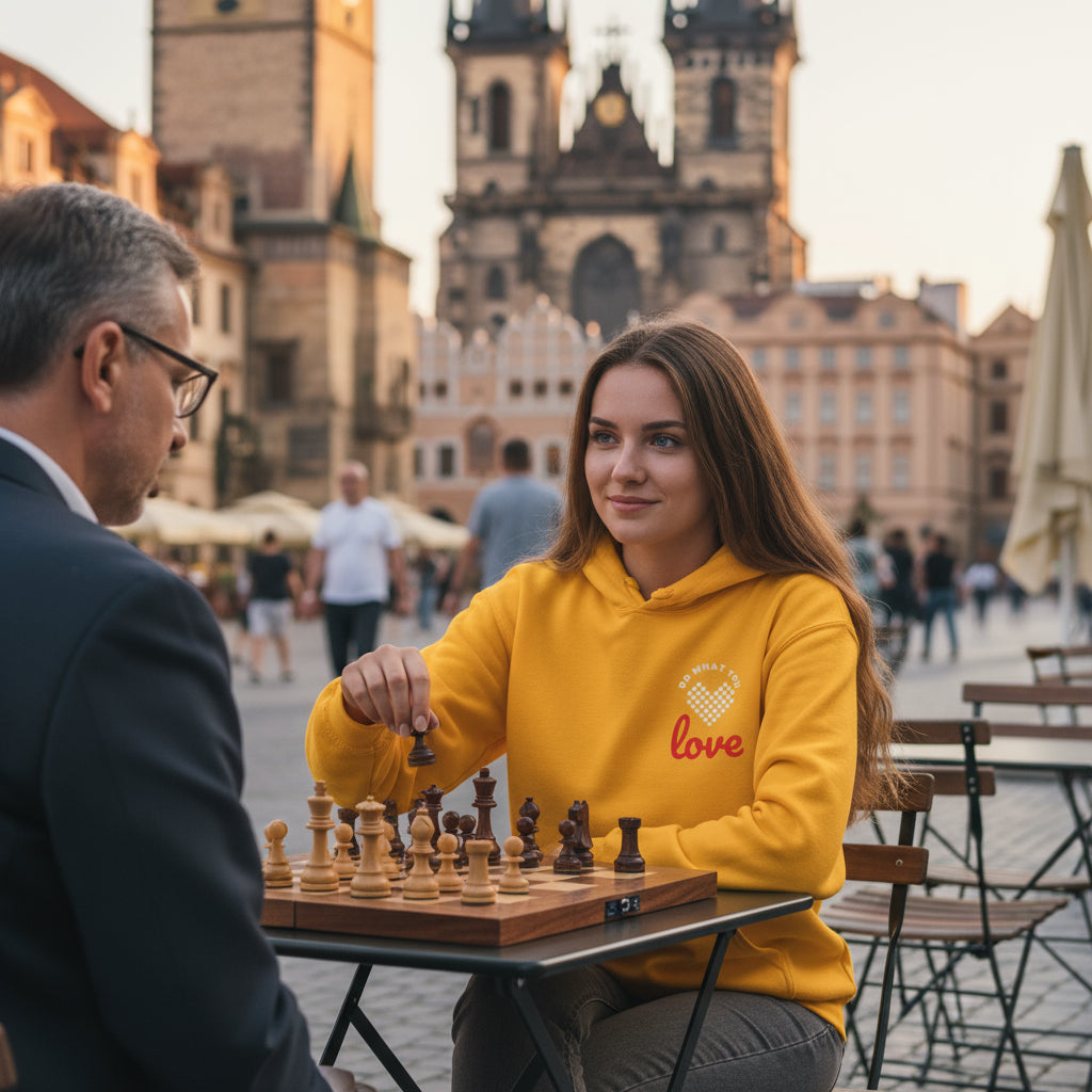 Do What You Love Chess premium gold yellow hoodie lifestyle photo Prague Old Town Square summer Czech Republic - chess board design graphic young Czech woman late 20s chestnut hair outdoor café chess Astronomical Clock tower historic architecture - bold white text chess enthusiast European café chess culture Czech chess tradition summer outdoor chess unisex hoodie Guapo Originals Premium Designer Collection €39.99 Spain