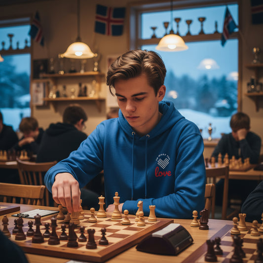 Do What You Love Chess premium royal blue hoodie lifestyle photo Reykjavik chess club winter Iceland - chess board design graphic teenager boy Icelandic brown hair indoor tournament wooden tables snowy landscape - bold white text chess tournament Icelandic chess heritage Bobby Fischer legacy Nordic chess culture winter indoor chess FIDE tournament unisex hoodie Guapo Originals Premium Designer Collection €39.99 Spain