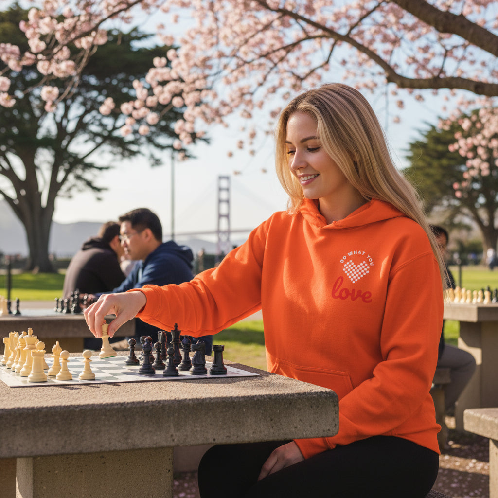 Do What You Love Chess premium orange hoodie lifestyle photo San Francisco Golden Gate Park spring USA California - chess board design graphic woman early 20s long blonde hair outdoor chess concrete tables blooming flowers Golden Gate Bridge - bold white text youth chess culture San Francisco chess tradition California outdoor chess spring park chess unisex hoodie Guapo Originals Premium Designer Collection €39.99 Spain