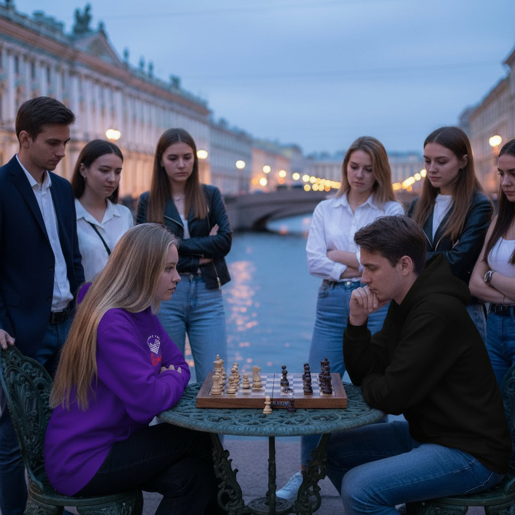 Do What You Love Chess premium purple hoodie lifestyle photo St. Petersburg White Nights summer Russia midnight sun - chess board design graphic young Russian woman mid-20s blonde hair outdoor chess twilight canals historic architecture - bold white text Russian chess culture St. Petersburg intellectual tradition White Nights phenomenon summer midnight chess FIDE grandmaster unisex hoodie Guapo Originals Premium Designer Collection €39.99 Spain