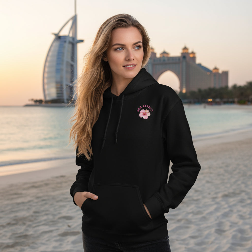 Flower Power Premium Hoodie Black lifestyle photo Dubai Burj Al Arab luxury resort - botanical print designer hoodie women's fashion ultra-luxury Middle East travel Arabian elegance Guapo Originals Designer Collection €49.99 Spain
