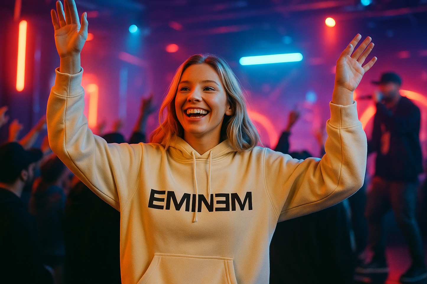 Eminem Hip-Hop Hoodie Y2K Harajuku - Female Model Front View Cotton Blend Streetwear Merchandise

