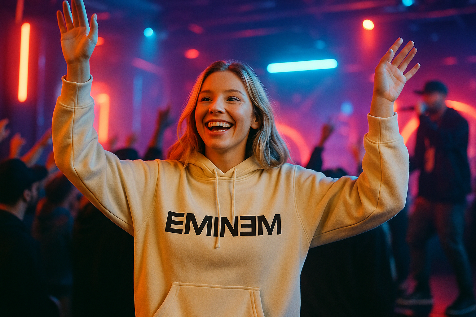 Eminem Hip-Hop Hoodie Y2K Harajuku - Female Model Front View Cotton Blend Streetwear Merchandise

