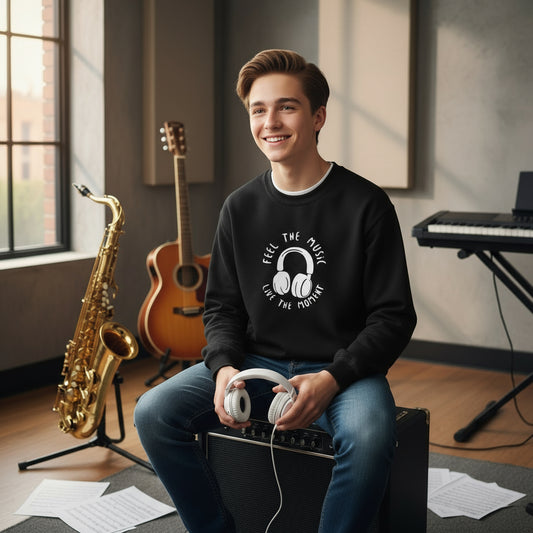 Feel the music Live the Moment lifestyle photo music school practice room teenager - black color youth fashion music education saxophone guitar keyboard Guapo Originals Youth Music Collection €34.99 Spain
