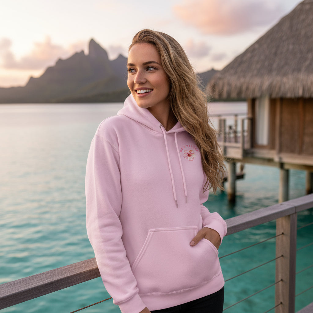 Flower Power Premium Hoodie Pink lifestyle photo Fiji overwater bungalow resort - botanical print designer hoodie women's fashion South Pacific luxury tropical paradise Australian honeymoon resort lifestyle Guapo Originals Designer Collection €49.99 Spain
