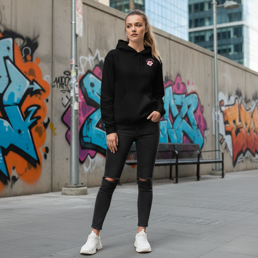 Flower Power Premium Hoodie Black lifestyle photo urban street style - botanical print designer hoodie women's fashion Guapo Originals €49.99 Spain
