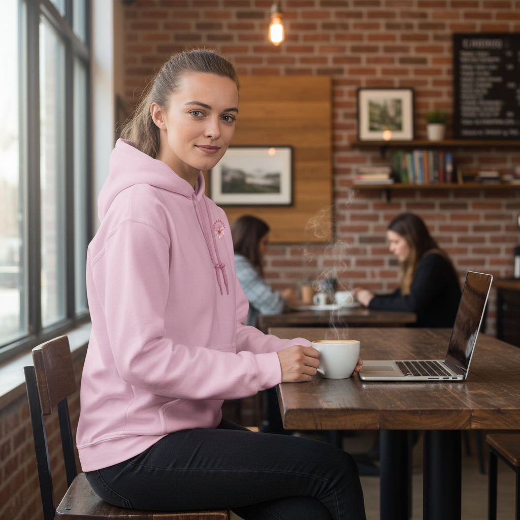 Flower Power Premium Hoodie Light Pink lifestyle photo coffee shop - botanical print designer hoodie women's fashion Guapo Originals €49.99 Spain
