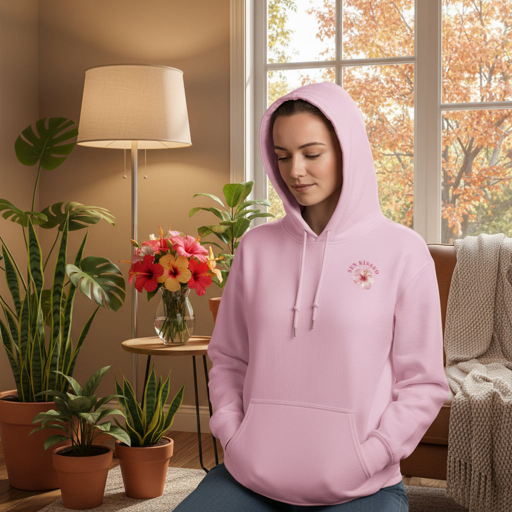 Flower Power Premium Hoodie Light Pink lifestyle photo cozy home autumn hibiscus flowers - botanical print designer hoodie women's fashion Guapo Originals €49.99 Spain
