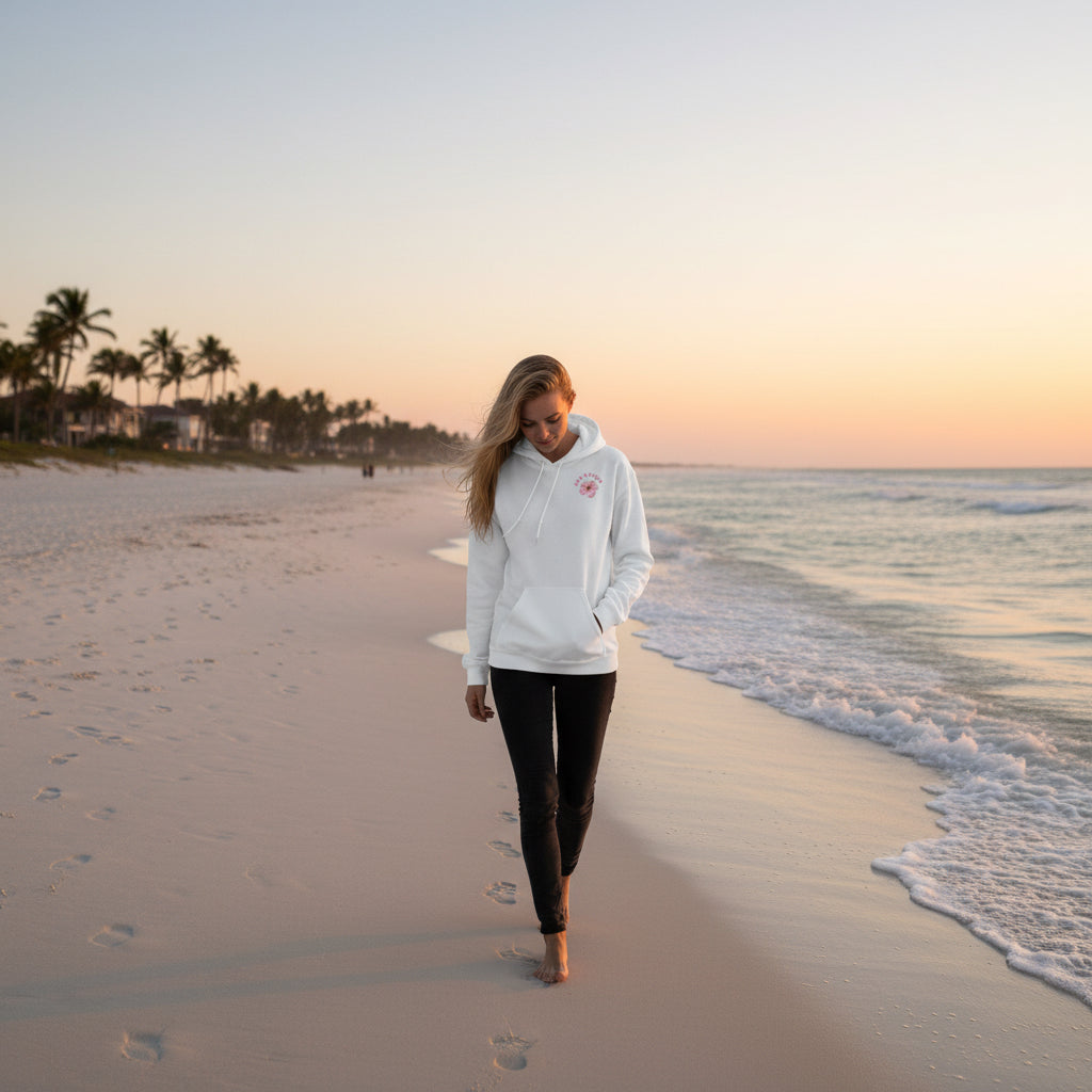 Flower Power Premium Hoodie White lifestyle photo beach sunset walk palm trees - botanical print designer hoodie women's fashion Guapo Originals €49.99 Spain
