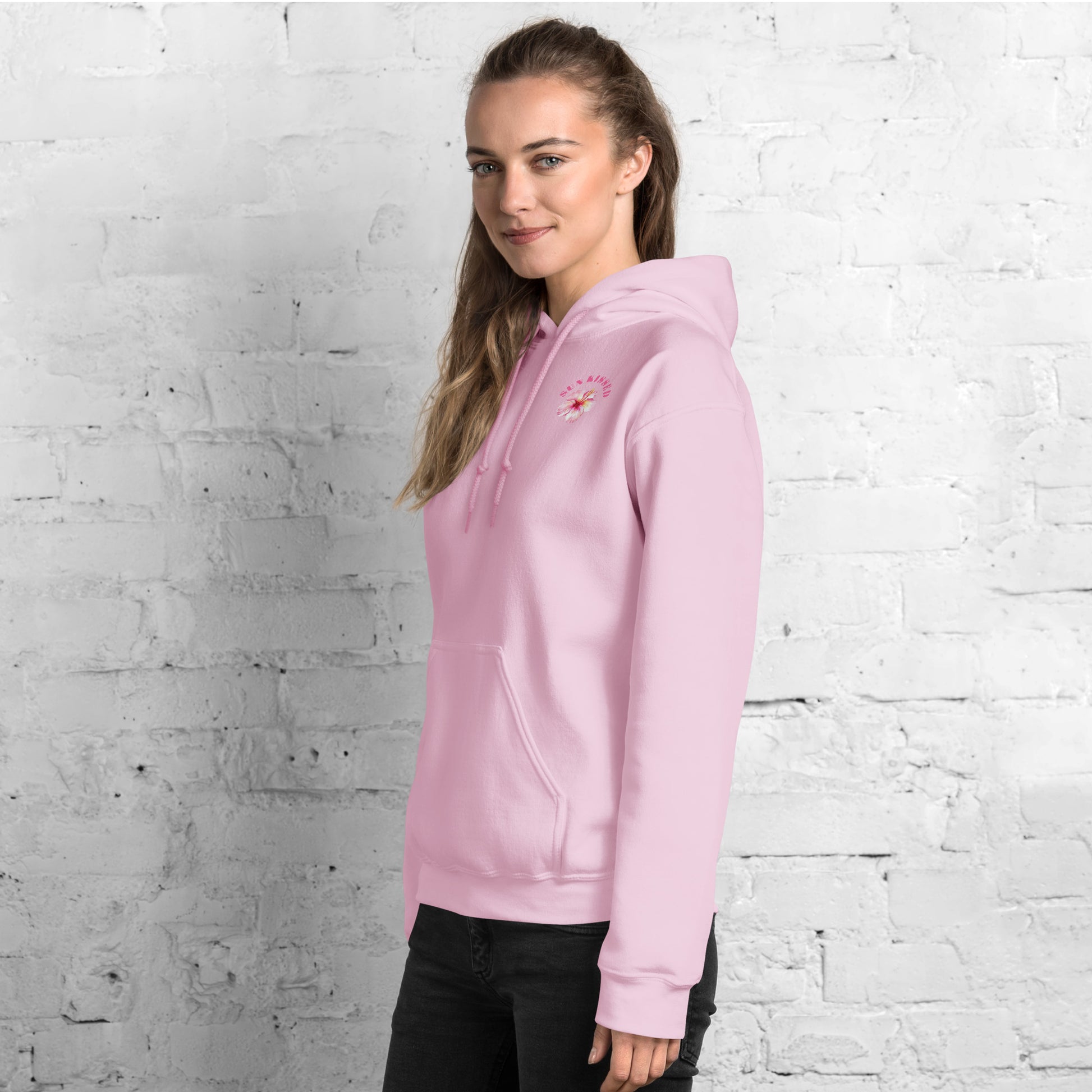 Guapo Originals Flower Power Premium Hoodie Light  Pink- Side View Botanical Print Designer Unisex Streetwear