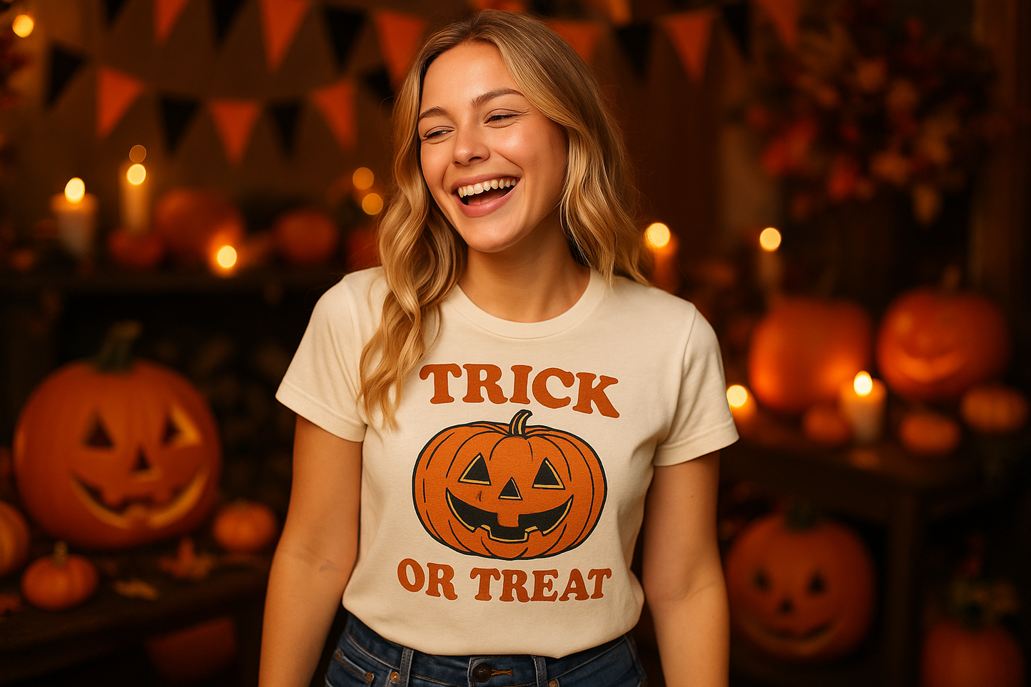 Trick or Treat Halloween T-Shirt Lifestyle - Happy Blonde Girl at Halloween Party with Pumpkin Decorations