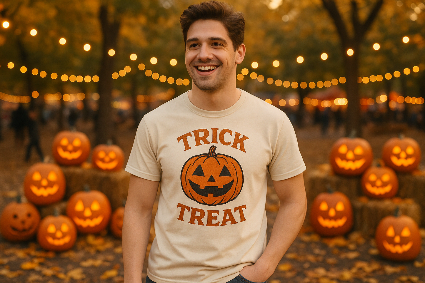 Trick or Treat Halloween T-Shirt Lifestyle - Happy Brown Hair Guy at Halloween Festival with Jack-o'-Lanterns