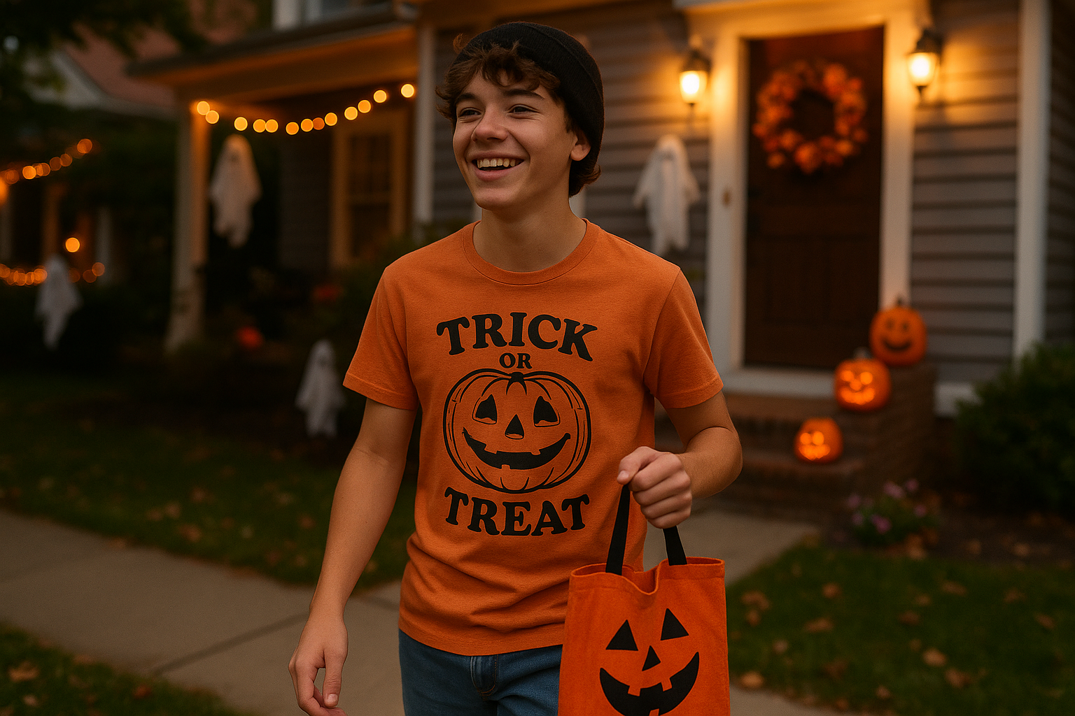 Trick or Treat Halloween T-Shirt Lifestyle - Happy Teenager Trick-or-Treating with Halloween Candy Bag"