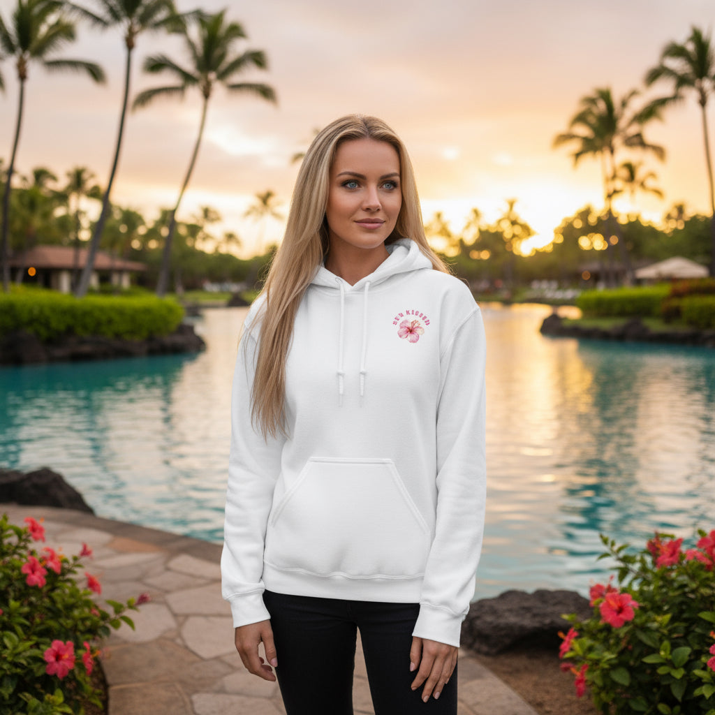 Flower Power Hoodie white Hawaii Marriott lagoon Kauai resort hibiscus flowers turquoise water palm trees golden hour botanical print tropical Guapo Originals 49.99 Spain

