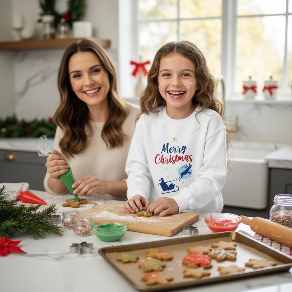 Kids Christmas sweatshirt white festive design front lifestyle photo baking Christmas cookies with mom - Christmas design chest brown hair girl age 9 decorating cookies kitchen mother daughter bonding - youth holiday outfit family traditions Christmas baking ages 8-16 Guapo Originals €34.99 Spain
