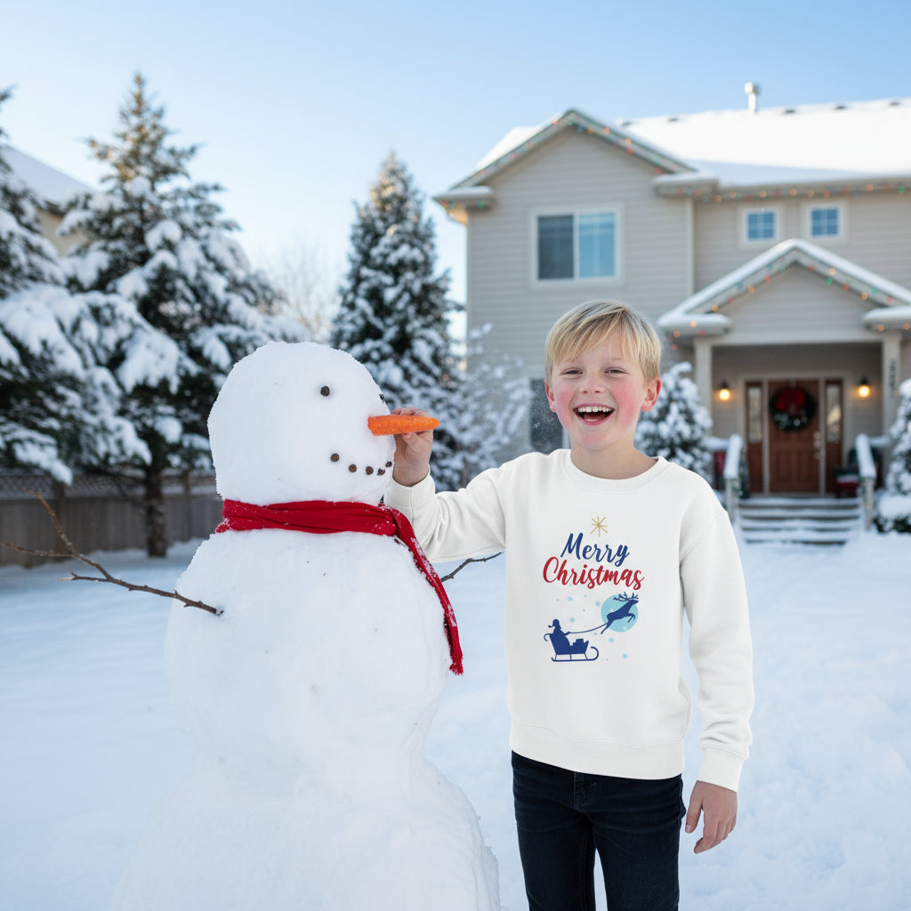Kids Christmas sweatshirt white festive design front lifestyle photo building snowman winter backyard - Christmas design chest blonde boy age 9 snowman carrot nose snowy yard - youth holiday outfit winter activities Christmas season ages 8-16 Guapo Originals €34.99 Spain
